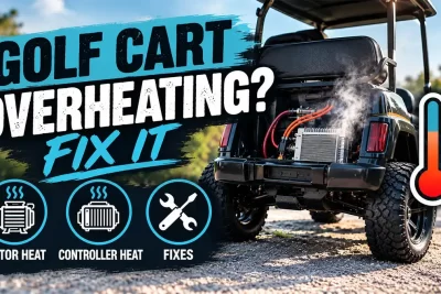 Golf cart parked in the sun with the seat raised to show the motor and controller area that can overheat
