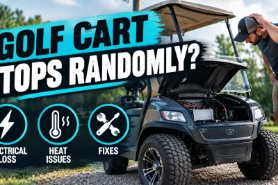 Golf cart stopped on a paved path with the seat raised while an owner checks the battery cables